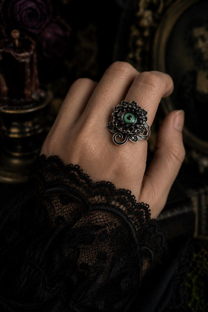 Antiqued Silver Rose Eyeball Ring – Green Iris, Rhinestone Art, size  10.