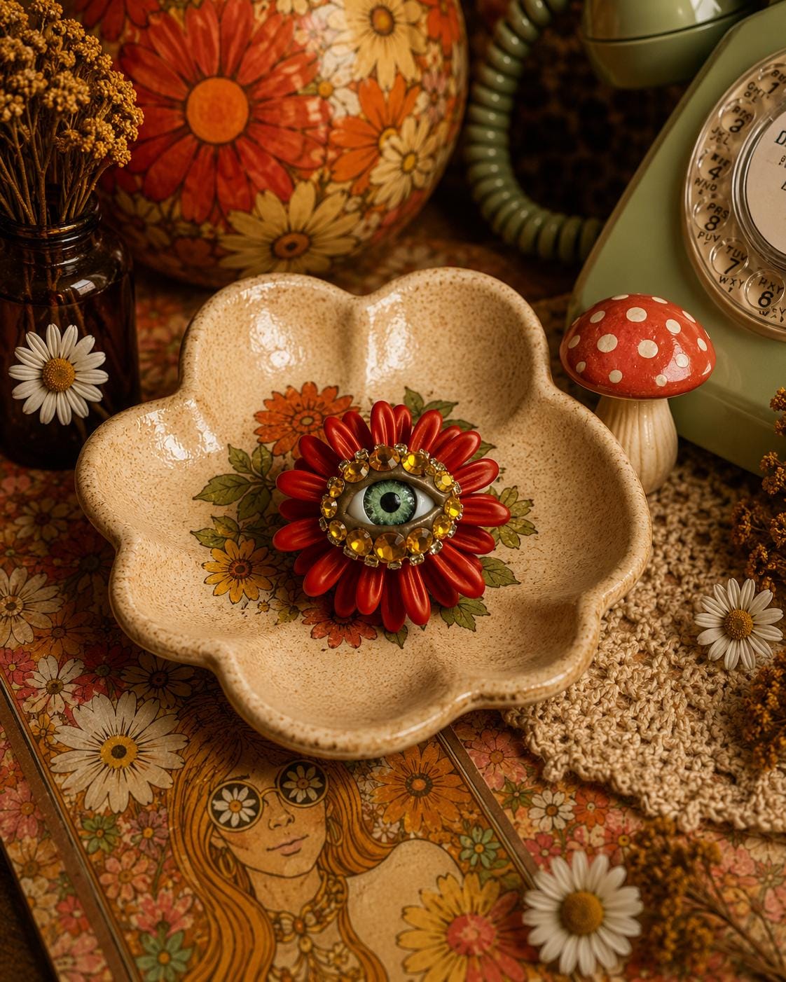 Spring Statement  Red Orange Flower Eye Art Jewelry Brooch Pin! Painted Metal!