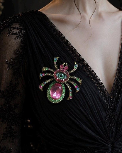 Statement Spider Brooch, Green Eye, Rhinestone Accents, Gothic Wearable Art
