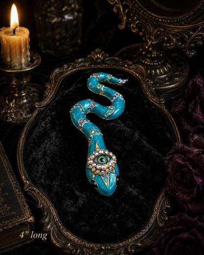 Turquoise Snake Eye Brooch – Gothic Statement Pin – Surreal Serpent Jewelry – 4 Inch Wearable Art