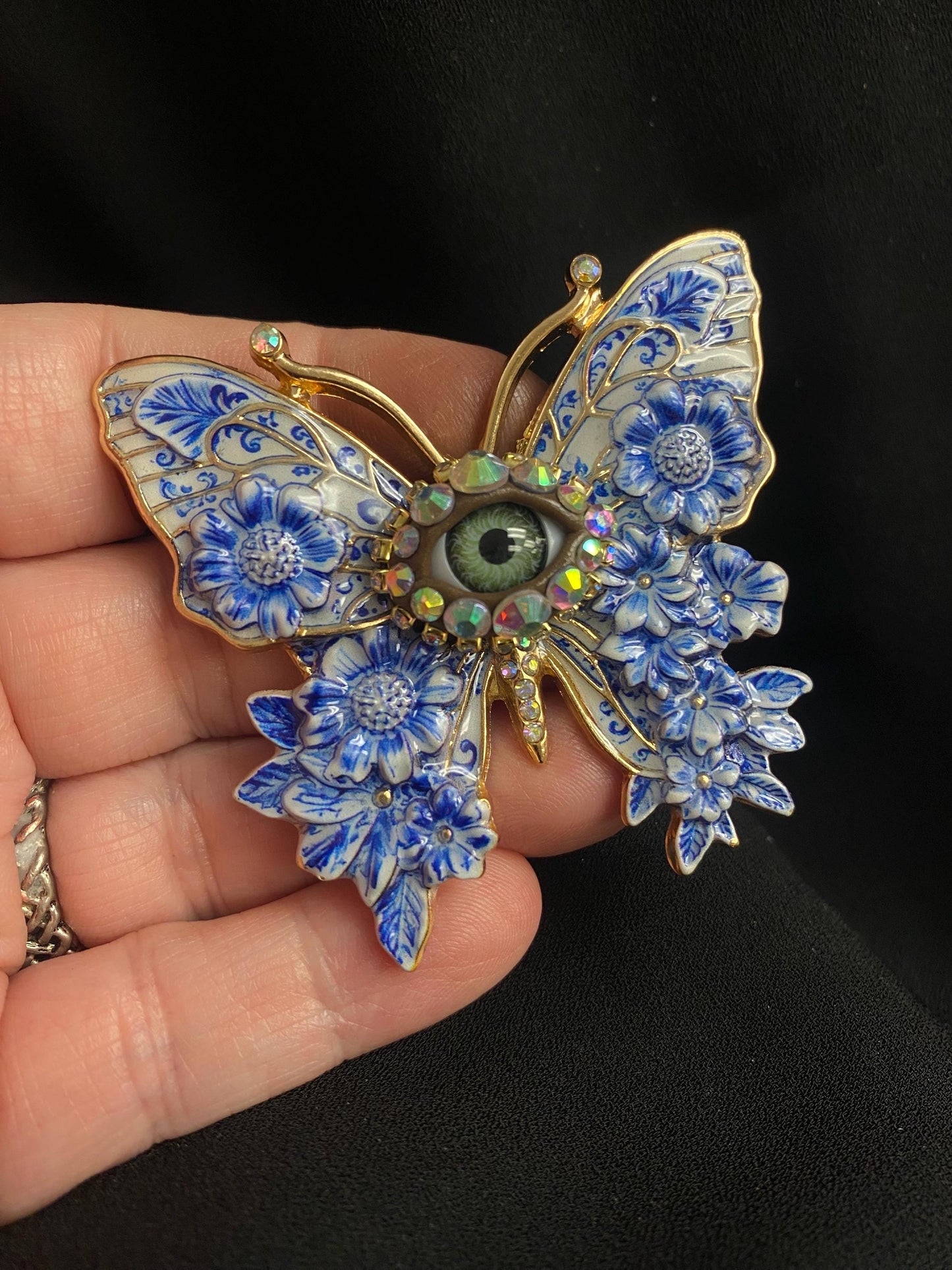 Blue China Butterfly Brooch | Porcelain Look Floral Eye Pin | Blue Willow Inspired Statement Jewelry