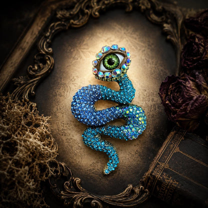 Blue Rhinestone Snake Brooch – Realistic Eye, Surreal Assemblage Jewelry 3.5” long