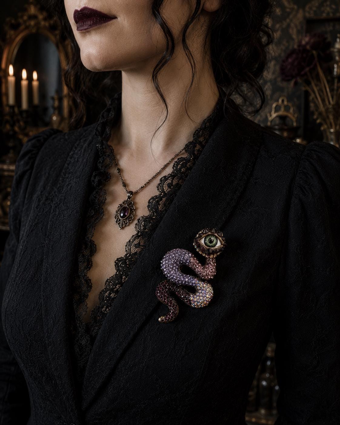 Purple Rhinestone Snake Brooch with Realistic Eye – Gothic Assemblage Wearable Art