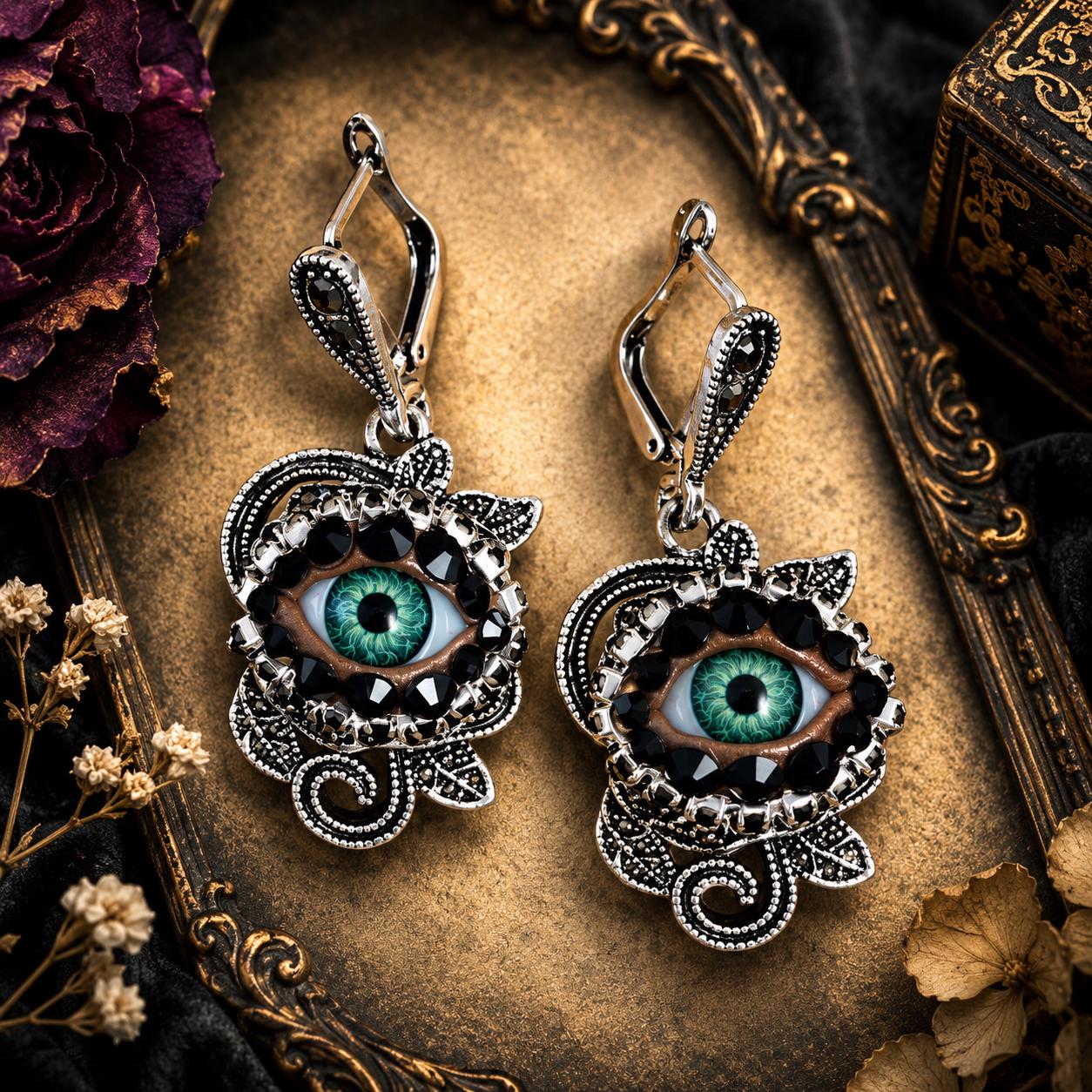 Antiqued Silver Rose - Eyeball Art Earrings with Natural Green Irises and Hand Placed Rhinestones!