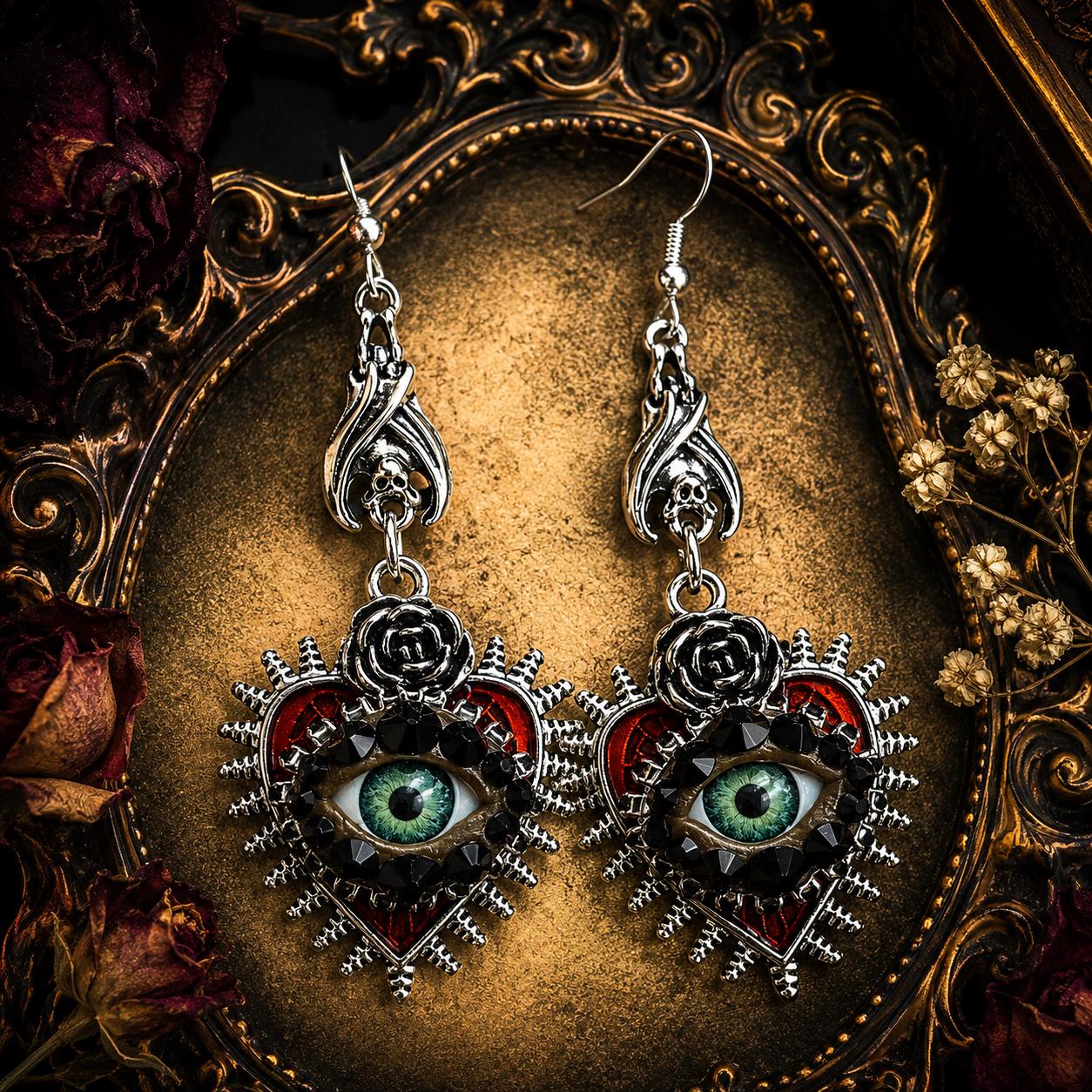 Gothic Silver Tone Spikey Heart Eye Earrings with Bat Accent! Hand Placed Rhinestones!