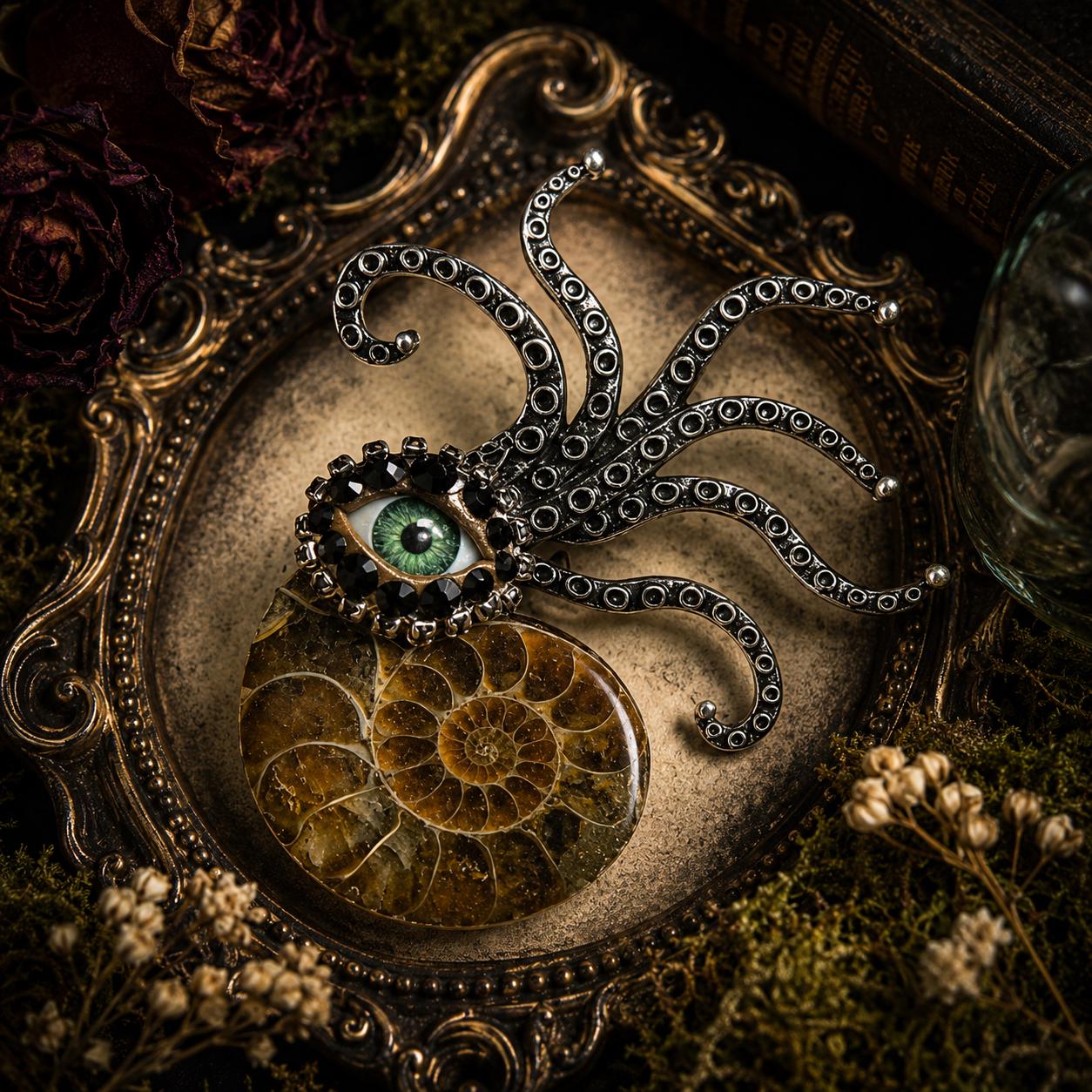 Ammonite Fossil Brooch: Surreal Green Eye Rhinestone Pin