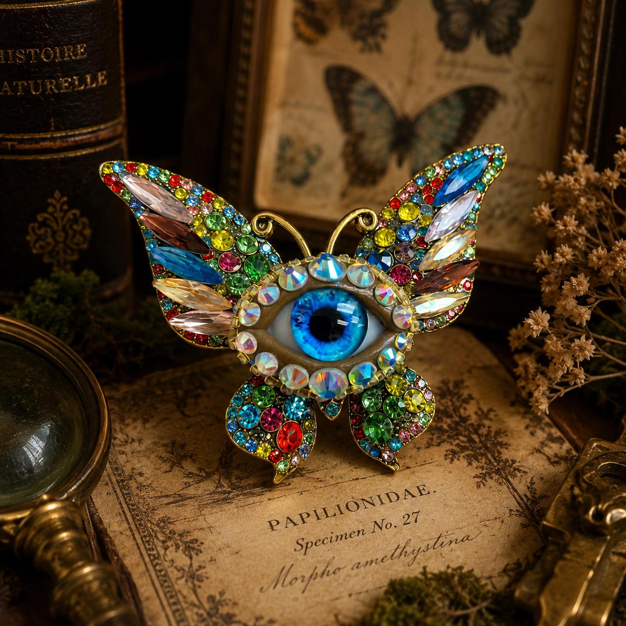 Surreal Evil Eye Butterfly Brooch | Aqua Blue Glass Iris Pin