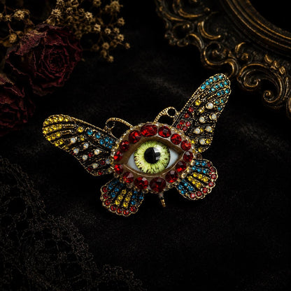 Surreal Evil Eye Butterfly Brooch | Green Glass Eye Pin