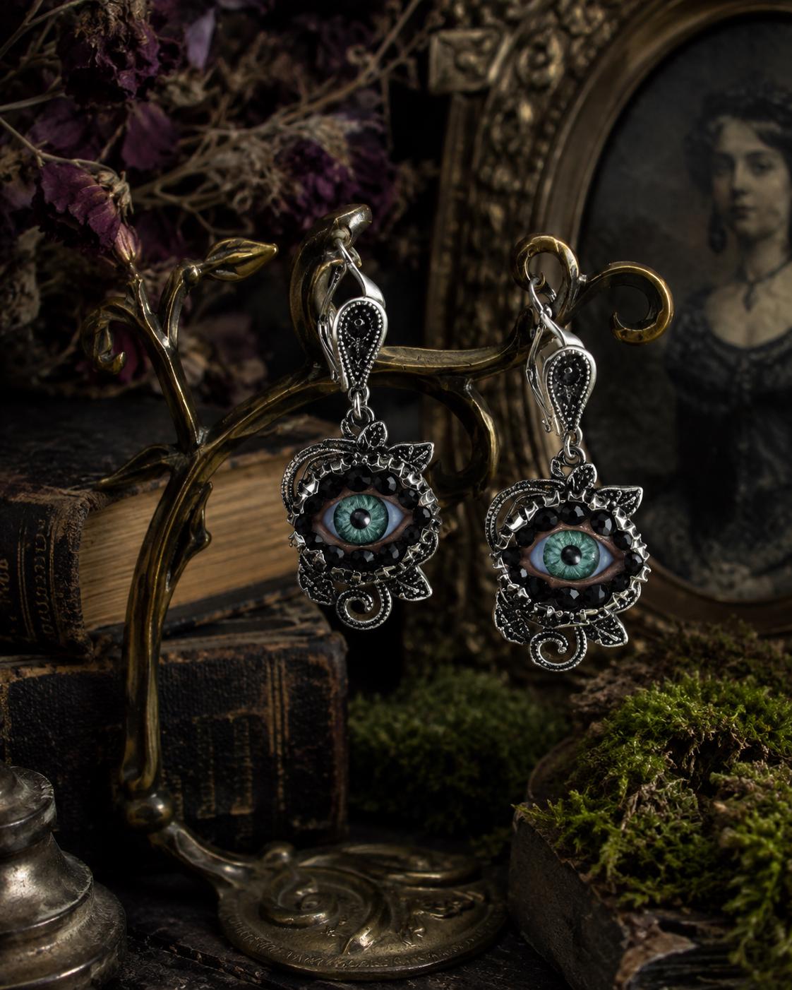 Antiqued Silver Rose - Eyeball Art Earrings with Natural Green Irises and Hand Placed Rhinestones!