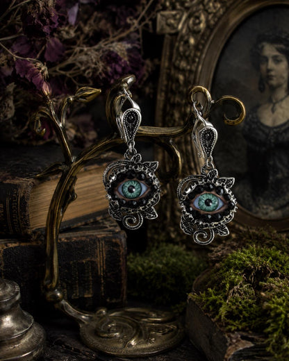 Antiqued Silver Rose - Eyeball Art Earrings with Natural Green Irises and Hand Placed Rhinestones!