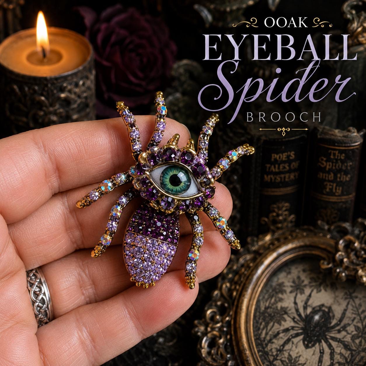 Purple Eyeball Spider Brooch | Gothic Green Eye Pin, Crystal Accents (Handcrafted)