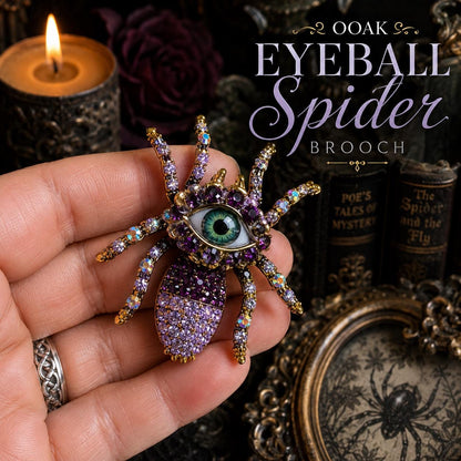 Purple Eyeball Spider Brooch | Gothic Green Eye Pin, Crystal Accents (Handcrafted)