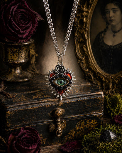 Spikey Heart with Rose Silver Tone Eye Art Gothic Pendant Necklace! Hand Placed Rhinestones!