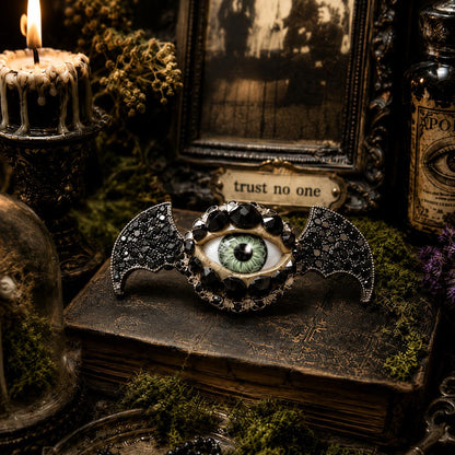 Little Baby Bat Wing Eyeball Art Brooch, Black Stones & Rhinestones