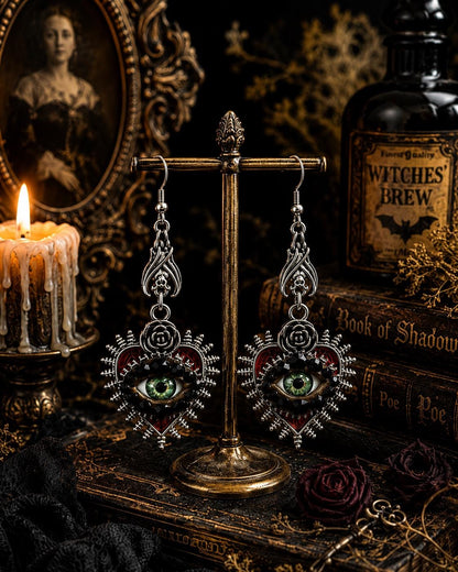 Gothic Silver Tone Spikey Heart Eye Earrings with Bat Accent! Hand Placed Rhinestones!