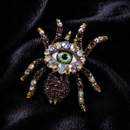 Deep Purple Bejeweled Spider Eye Brooch, Surreal Rhinestone Pin Jewelry