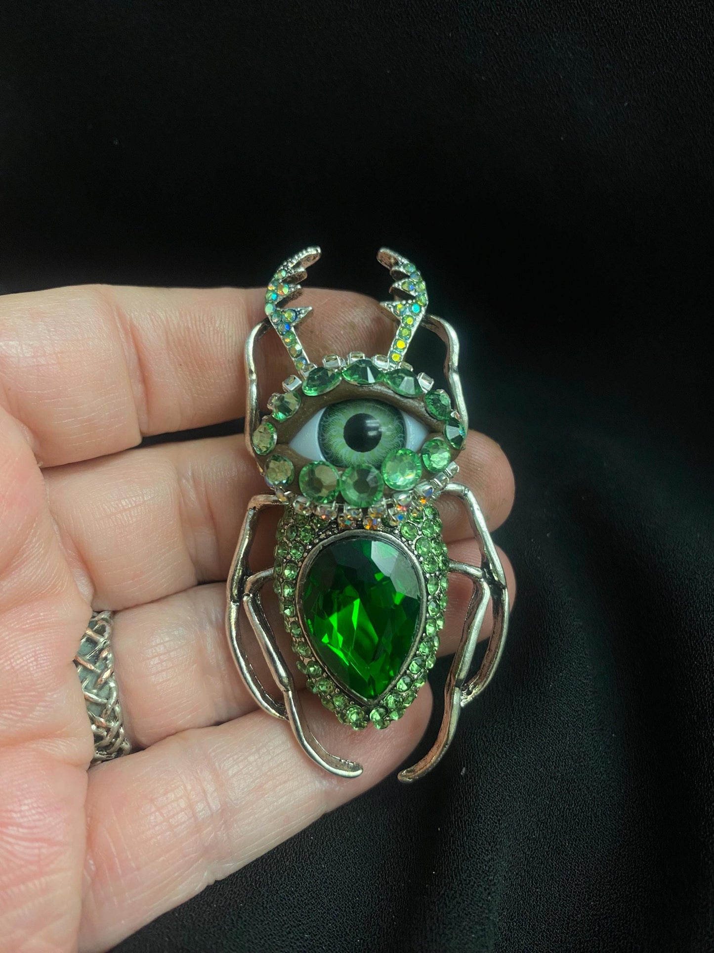 Green Eyeball Beetle Brooch, Emerald Rhinestone Bug Pin, Gothic Insect Jewelry