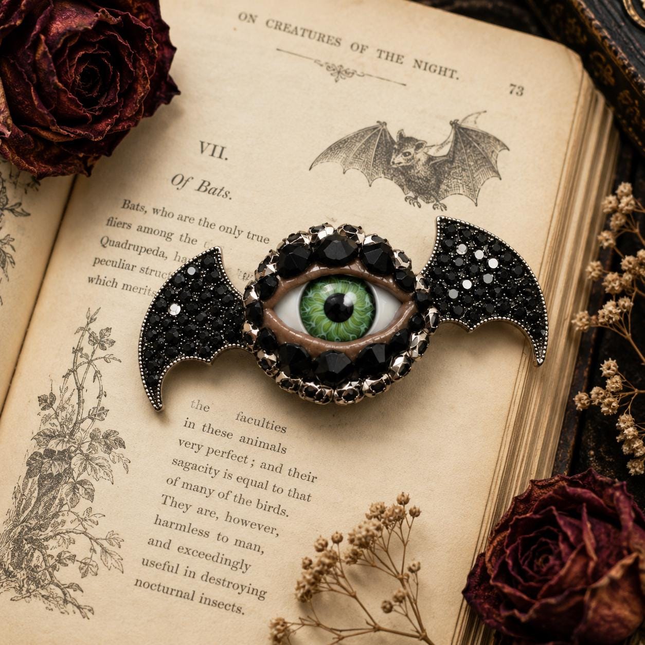 Little Baby Bat Wing Eyeball Art Brooch, Black Stones & Rhinestones