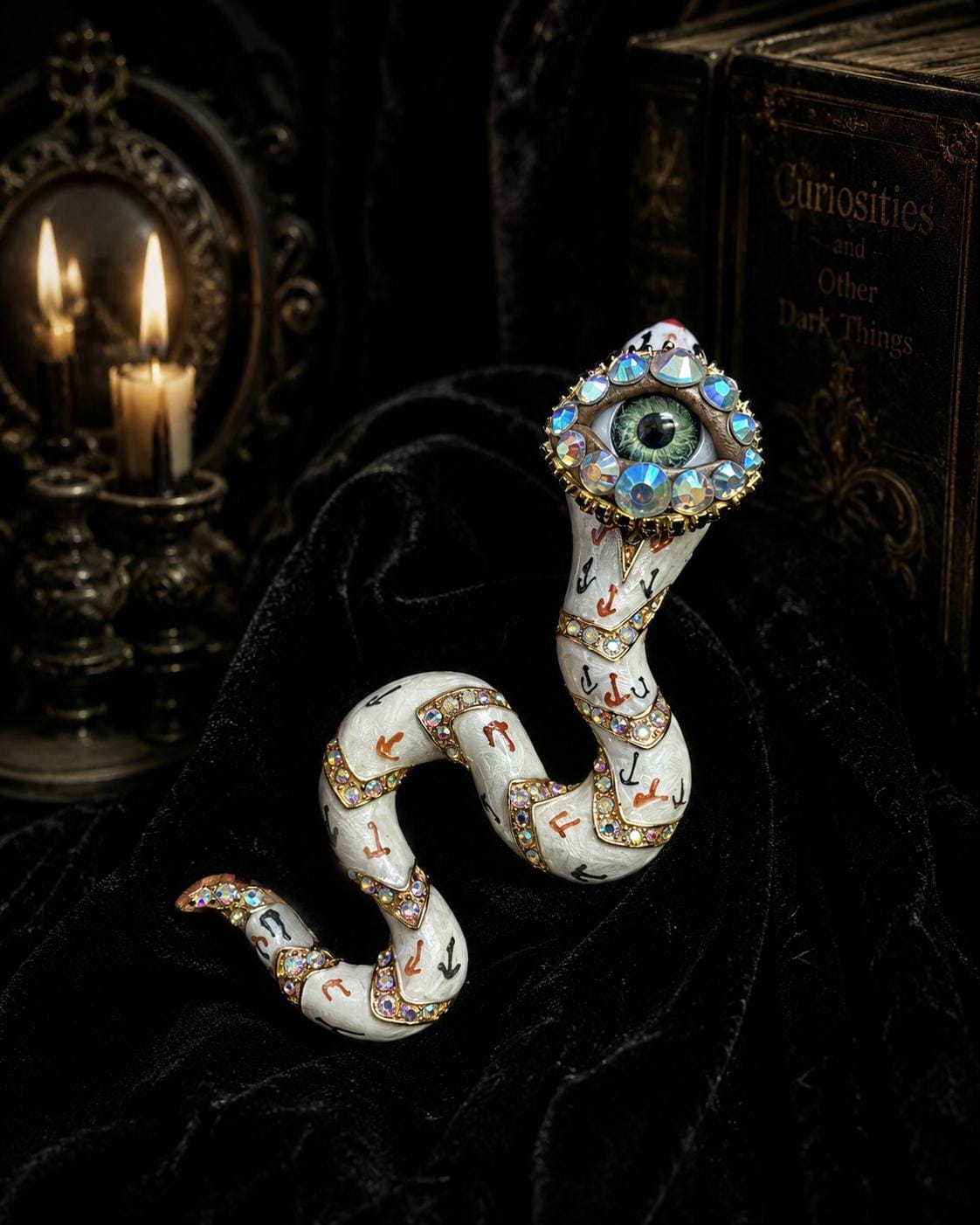 Surreal White Snake Brooch – Gothic Serpent Statement Pin with Rhinestones (4 Inch)