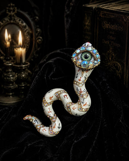 Surreal White Snake Brooch – Gothic Serpent Statement Pin with Rhinestones (4 Inch)
