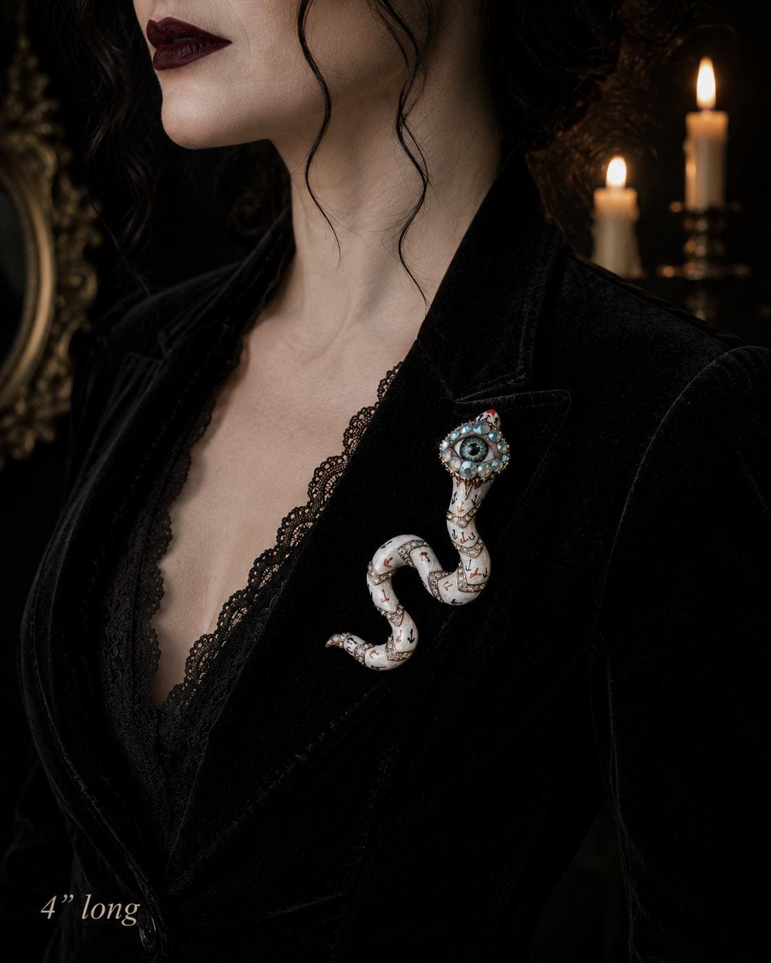 Surreal White Snake Brooch – Gothic Serpent Statement Pin with Rhinestones (4 Inch)