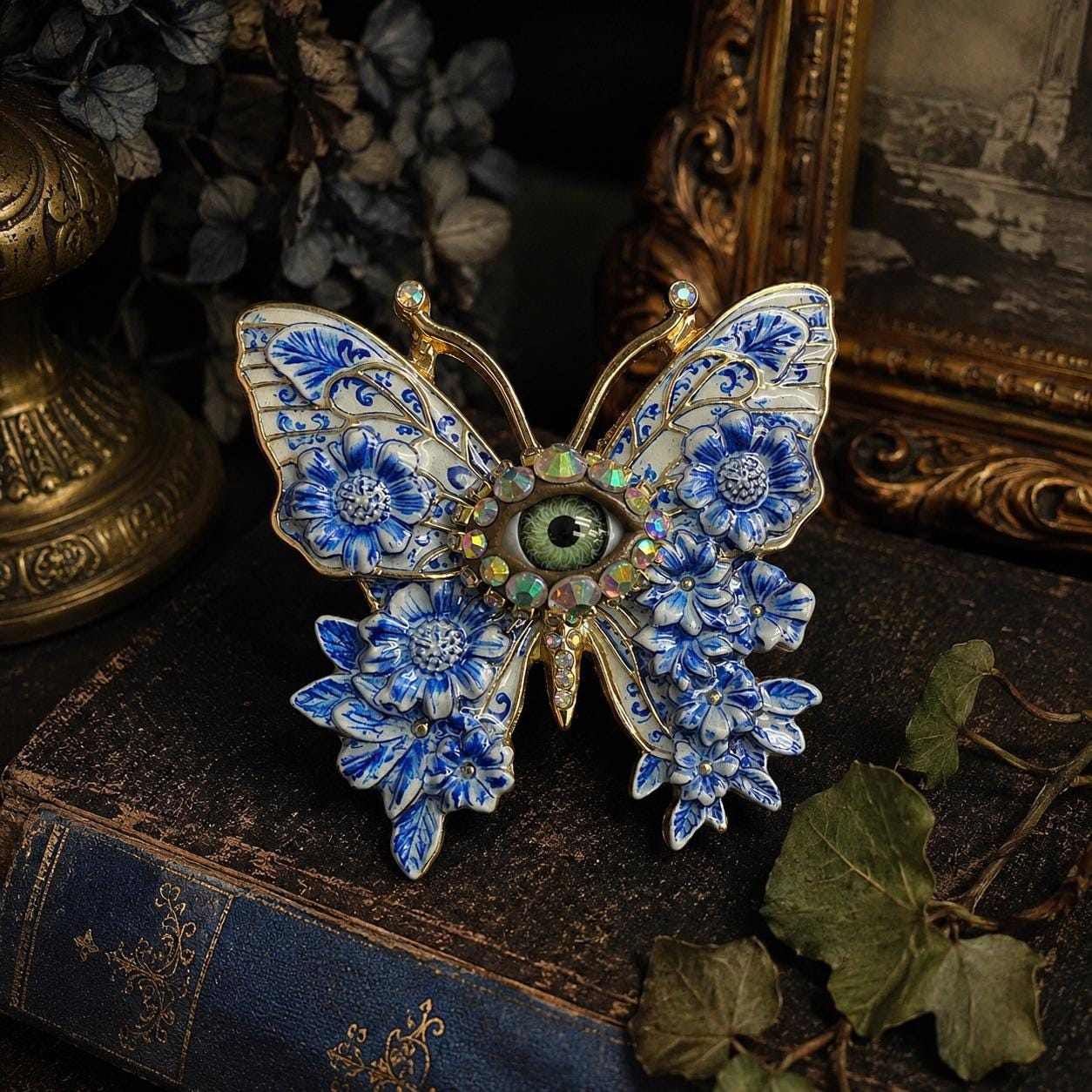Blue China Butterfly Brooch | Porcelain Look Floral Eye Pin | Blue Willow Inspired Statement Jewelry