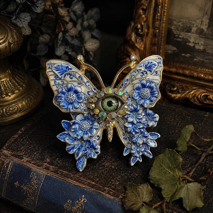 Blue China Butterfly Brooch | Porcelain Look Floral Eye Pin | Blue Willow Inspired Statement Jewelry