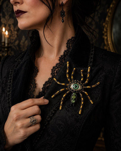 Hand-Painted Spider Brooch, Gothic Eye Pin, Statement Insect Jewelry, Fantasy Halloween Accessory