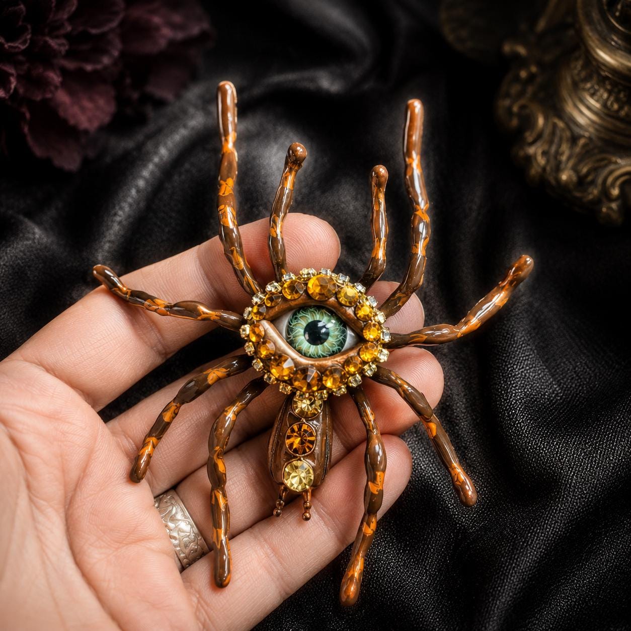 Giant Hand-Painted Spider Brooch, Gothic Eye Pin, Fantasy Insect Jewelry, Halloween Statement Piece