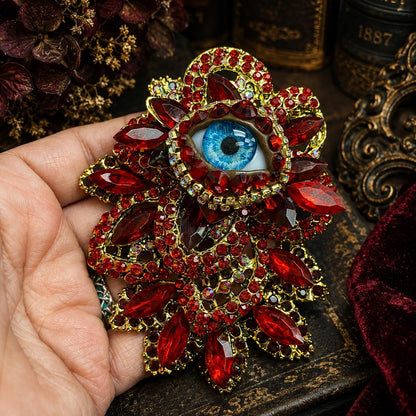 Ruby Red Evil Eye Brooch, Victorian Assemblage Pin, Gothic Rhinestone Statement Jewelry, OOAK
