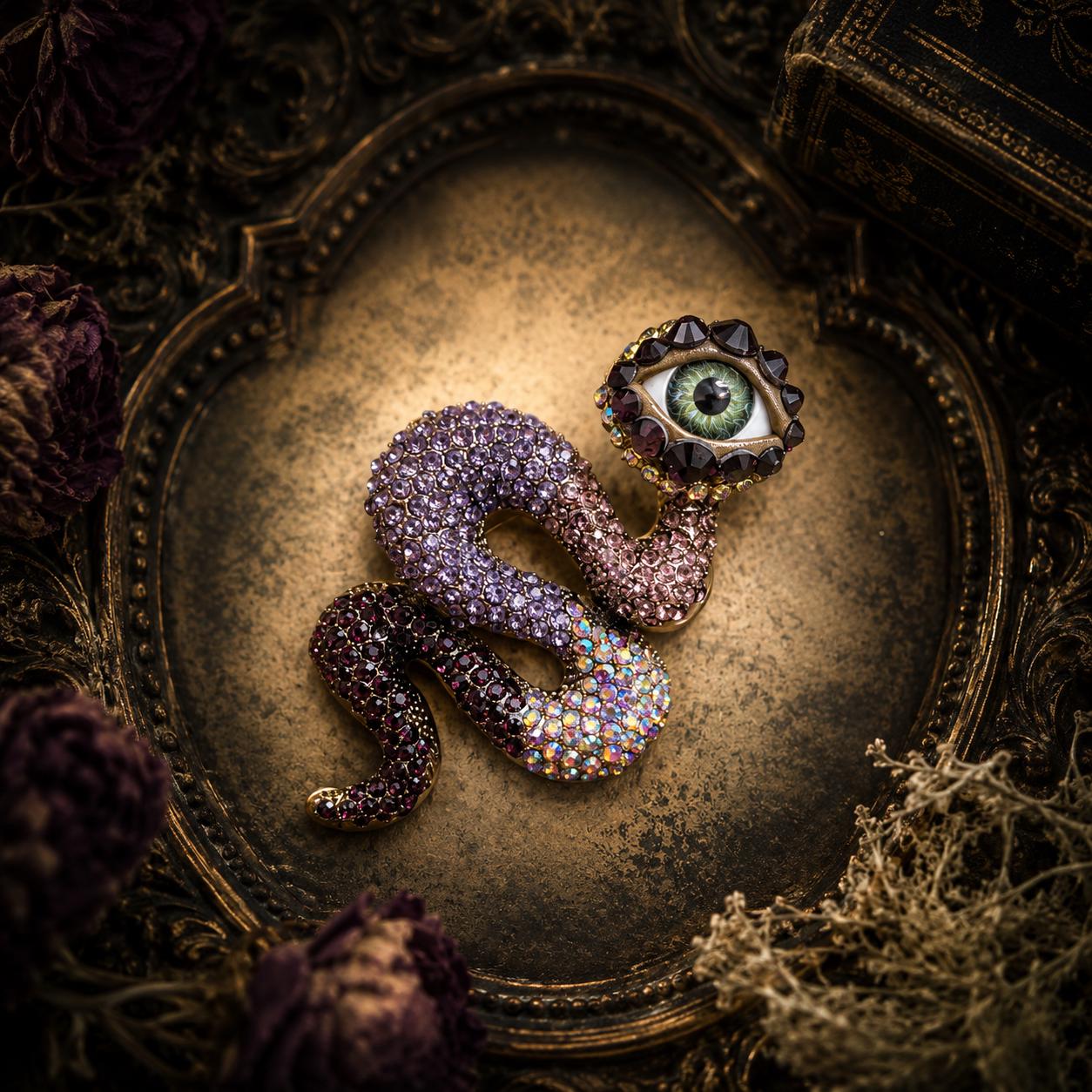 Purple Rhinestone Snake Brooch with Realistic Eye – Gothic Assemblage Wearable Art