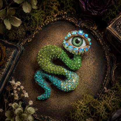 Green Rhinestone Snake Brooch – Realistic Eye, Gothic Assemblage Wearable Art (OOAK)