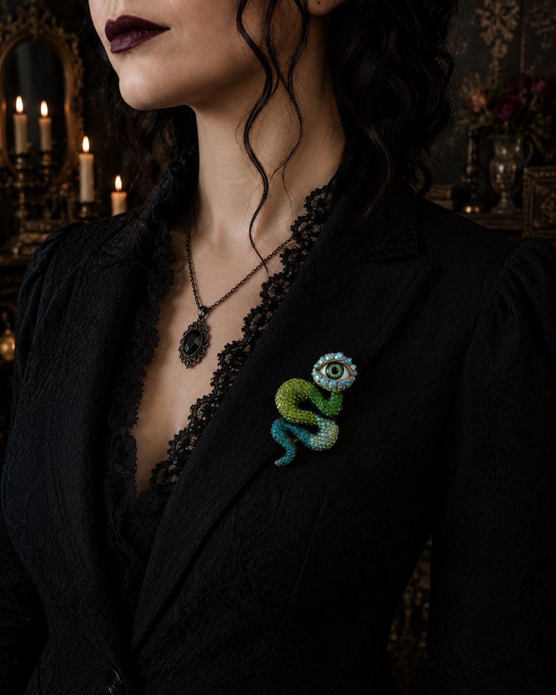 Green Rhinestone Snake Brooch – Realistic Eye, Gothic Assemblage Wearable Art (OOAK)