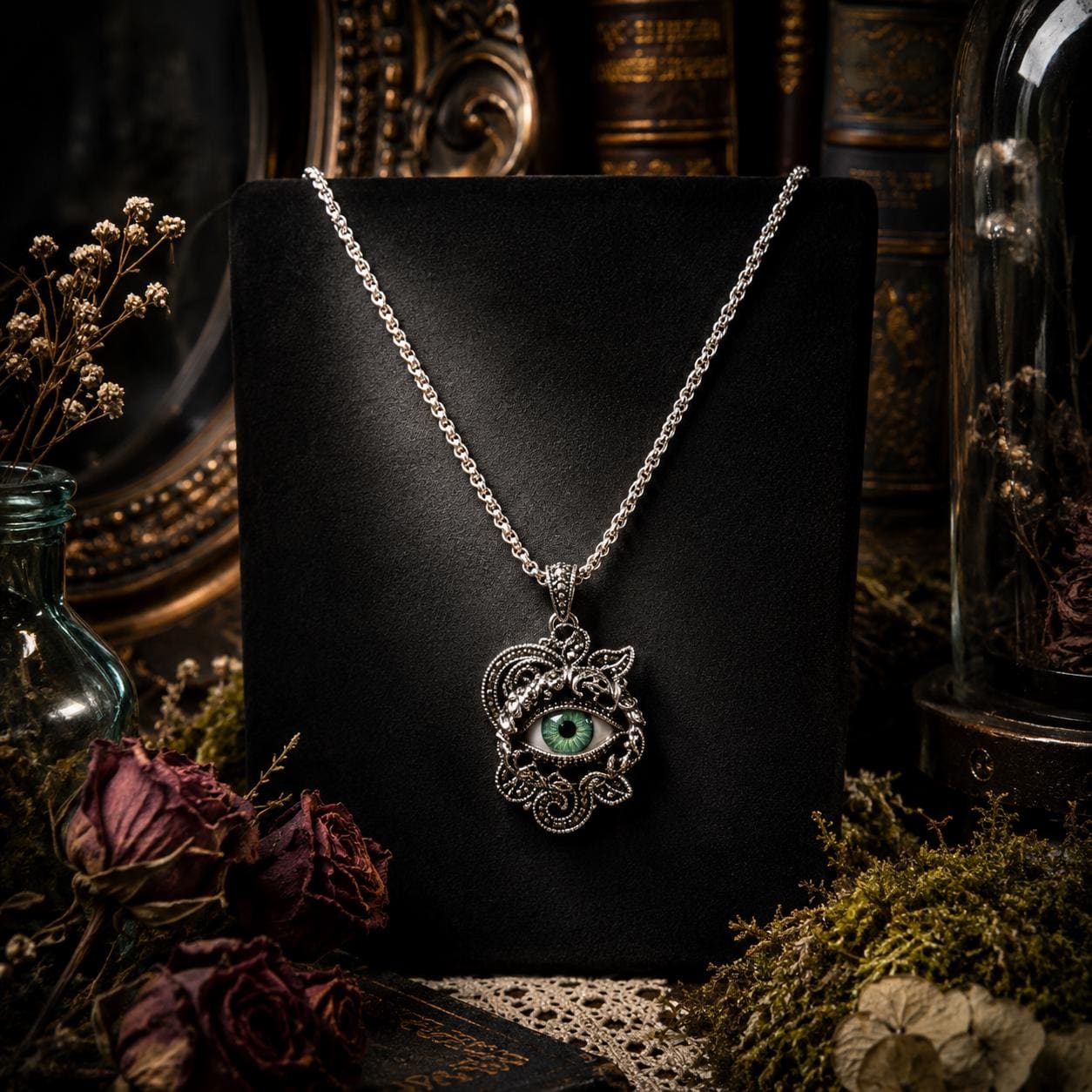 Antiqued Silver Tone Rose Eyeball Art Necklace, Green Eye Rhinestone Pendant