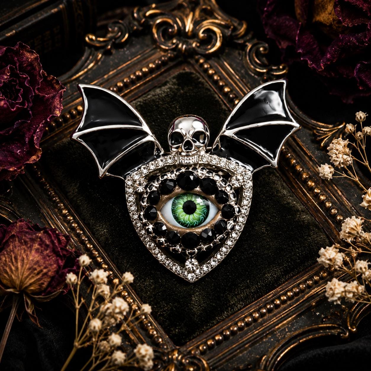 Gothic Skull with Batwings Eyeball Art Brooch - Eye Jewelry Pin - Goth Fashion! Unique!