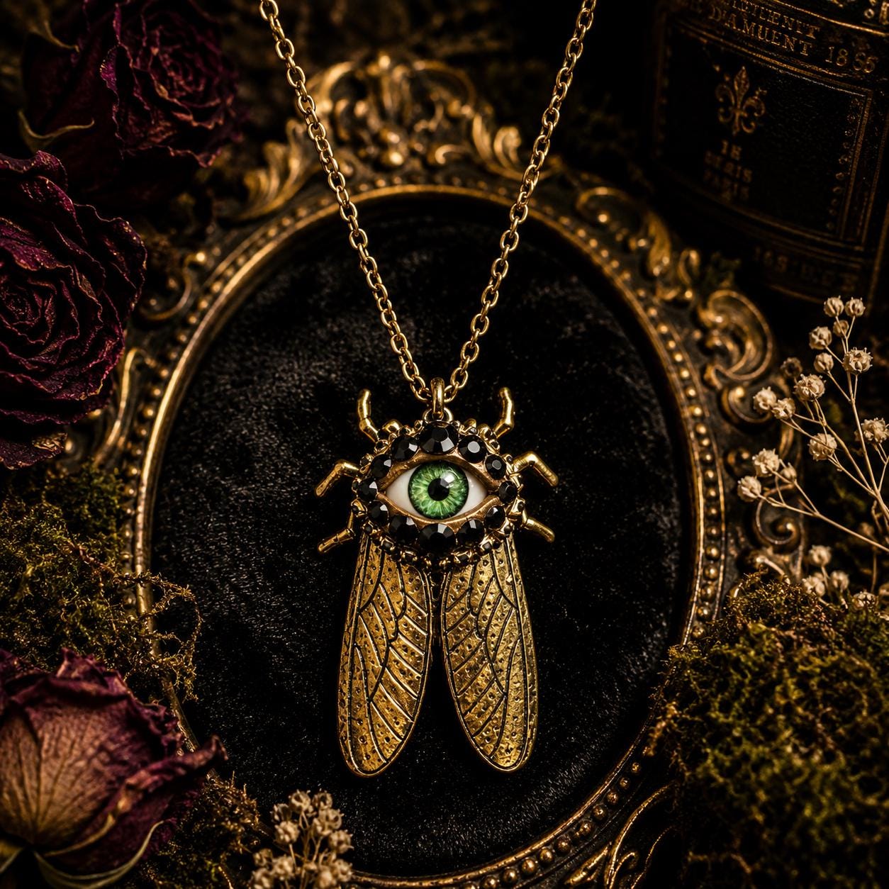 Antiqued Gold Cicada Pendant Necklace, Green Eye Rhinestone Jewelry