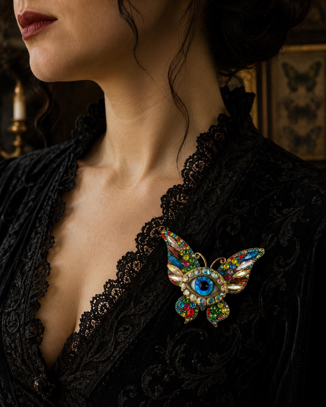 Surreal Evil Eye Butterfly Brooch | Aqua Blue Glass Iris Pin