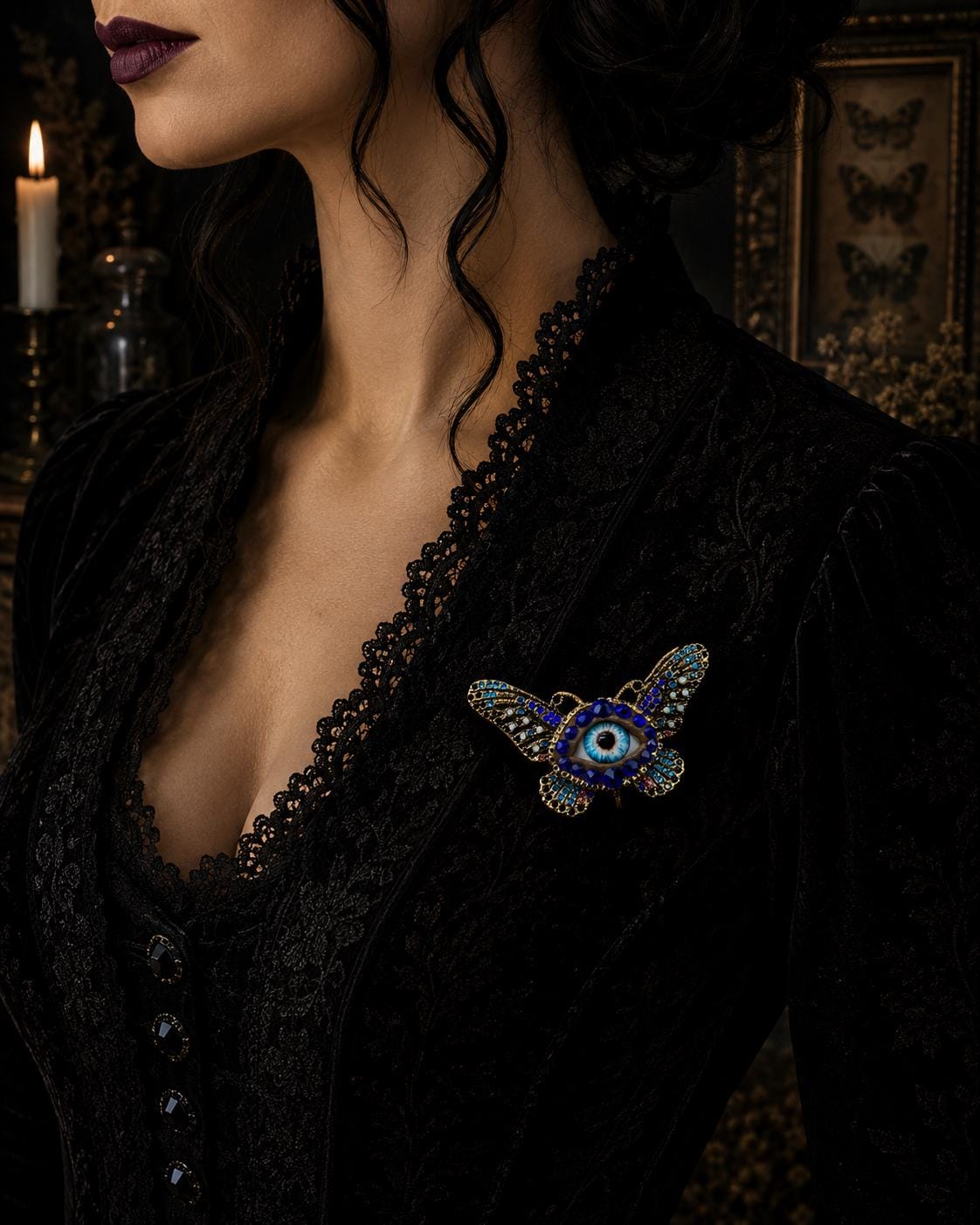 Surreal Evil Eye Butterfly Brooch | Blue Glass Eye Pin