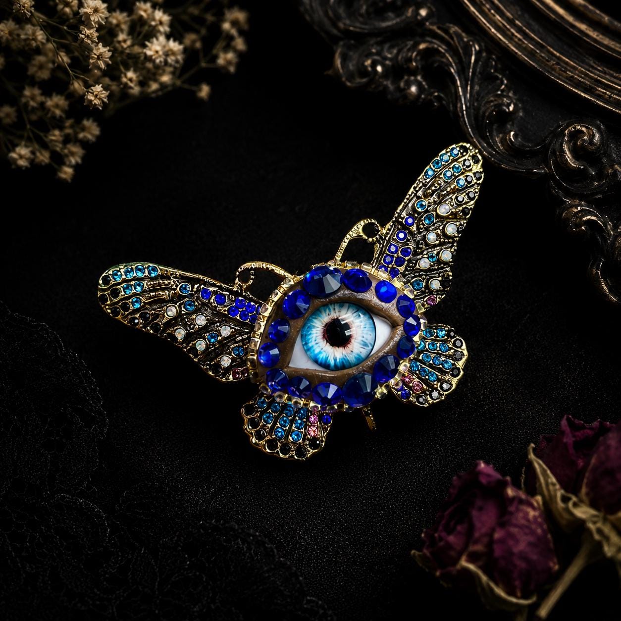 Surreal Evil Eye Butterfly Brooch | Blue Glass Eye Pin