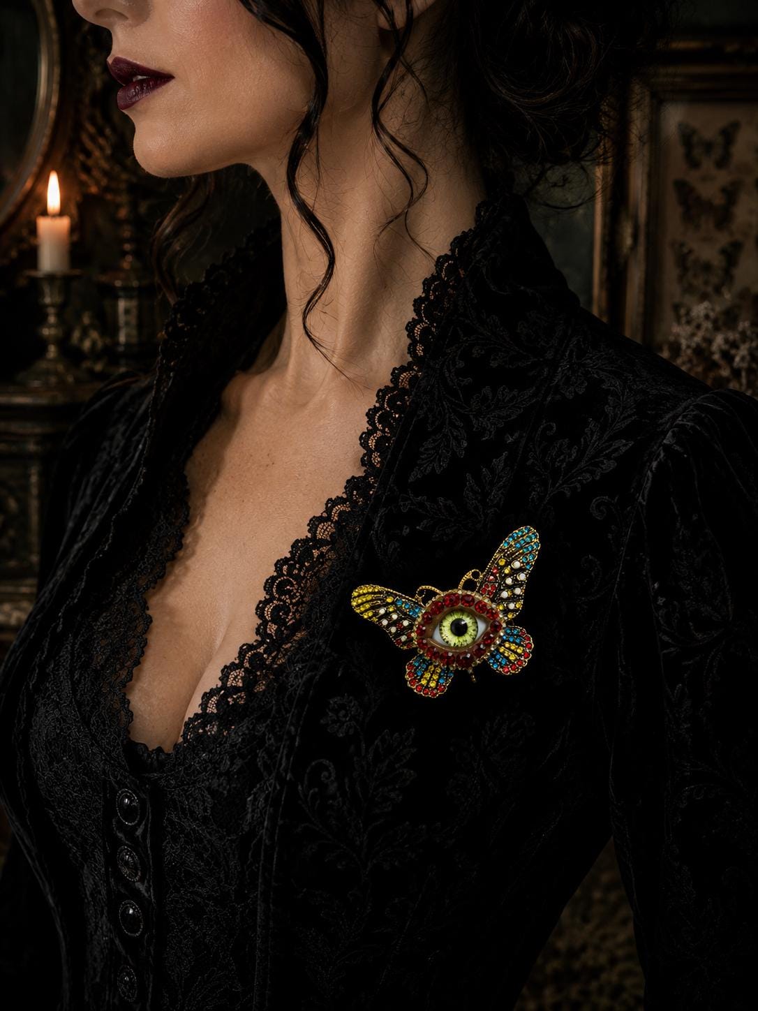 Surreal Evil Eye Butterfly Brooch | Green Glass Eye Pin