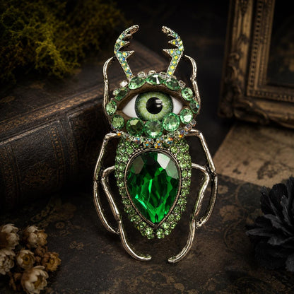 Green Eyeball Beetle Brooch, Emerald Rhinestone Bug Pin, Gothic Insect Jewelry