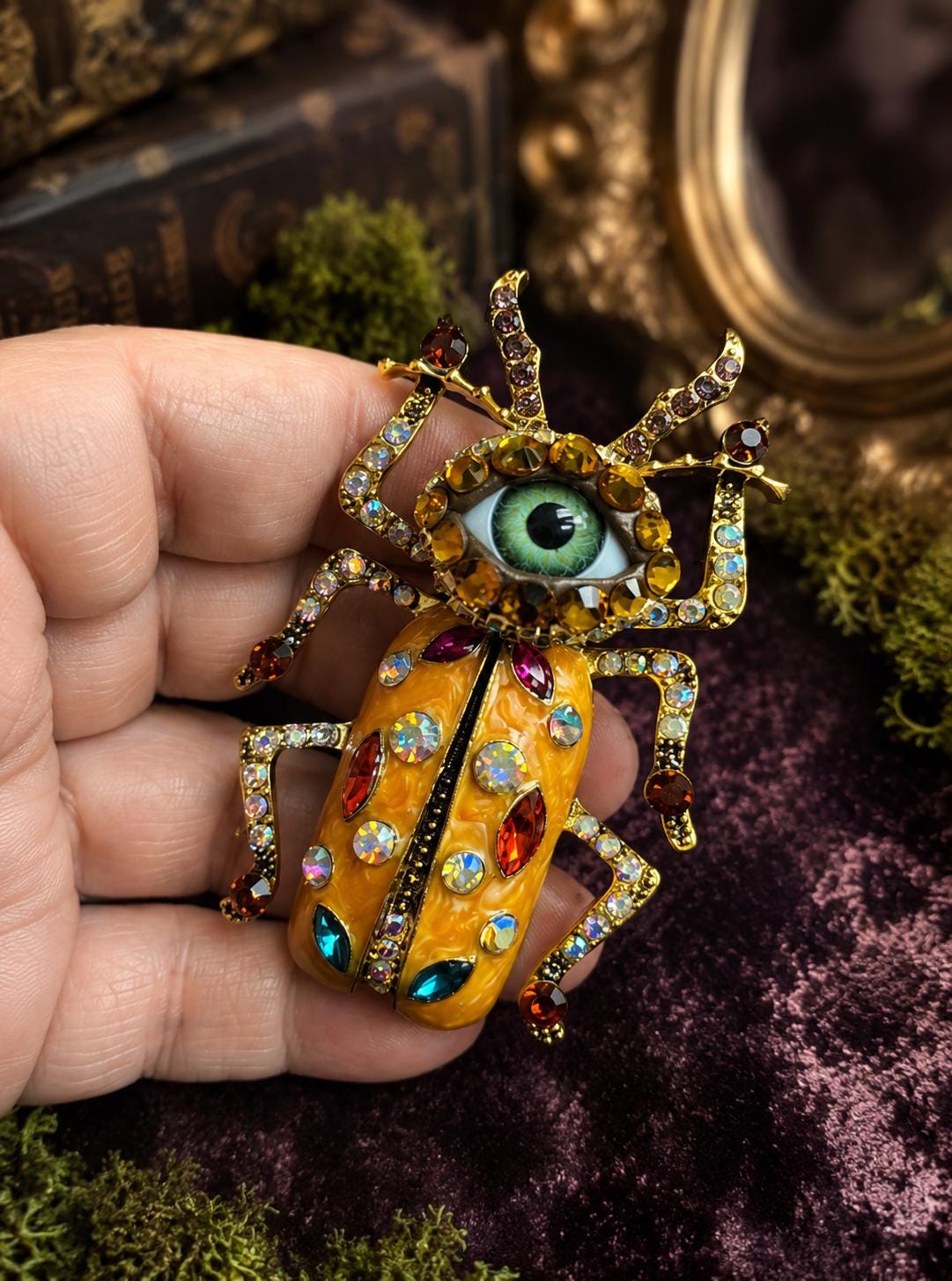 Giant Enameled Beetle Brooch, Rhinestone Eyeball Art Pin (3”x2”