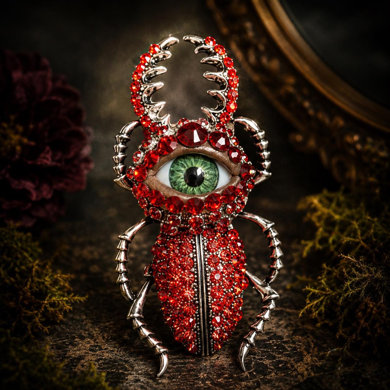 Red Beetle Brooch, Gothic Eye Insect Pin, Victorian Scarab Jewelry, Rhinestone Statement Brooch, Halloween Gift