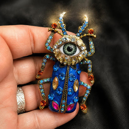 Cobalt Blue Beetle Brooch, Gothic Eye Insect Pin, Victorian Scarab Jewelry, Rhinestone Statement Piece