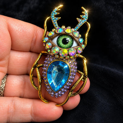 Blue Crystal Beetle Brooch, Gothic Eye Insect Pin, Victorian Scarab Jewelry, Fantasy Statement Brooch