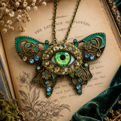 Green Evil Eye Butterfly Necklace, Gothic Statement Pendant, Victorian Fantasy Jewelry