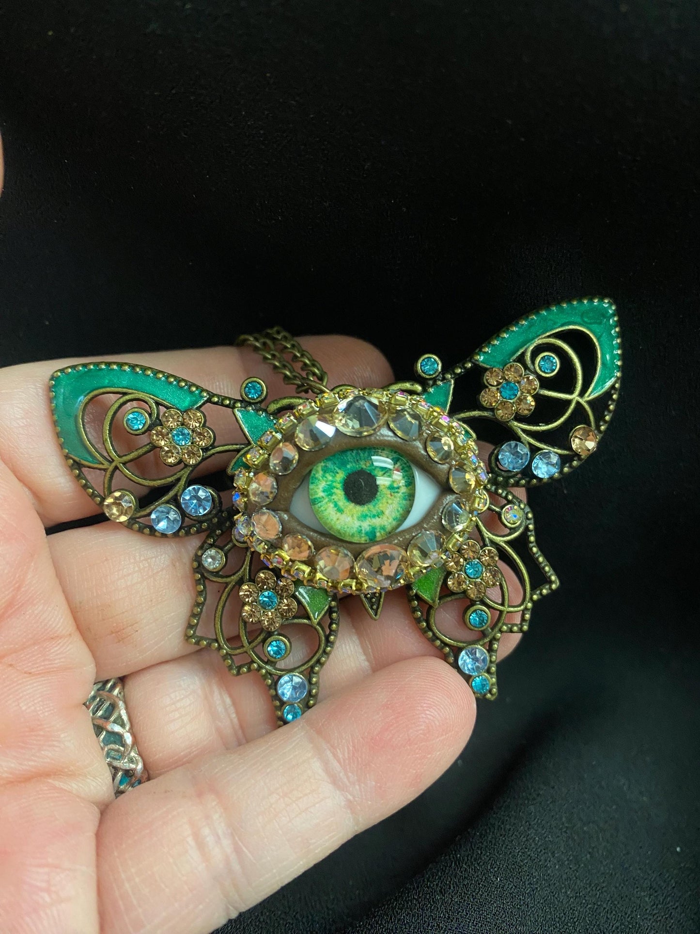 Green Evil Eye Butterfly Necklace, Gothic Statement Pendant, Victorian Fantasy Jewelry