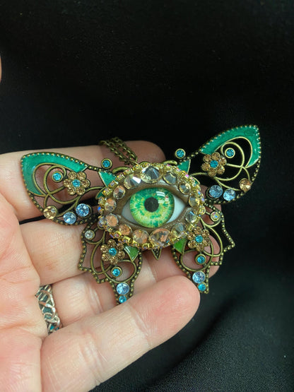 Green Evil Eye Butterfly Necklace, Gothic Statement Pendant, Victorian Fantasy Jewelry