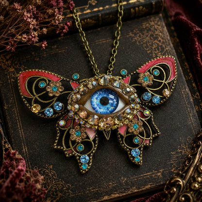 Red Evil Eye Butterfly Necklace, Gothic Statement Pendant, Victorian Fantasy Jewelry