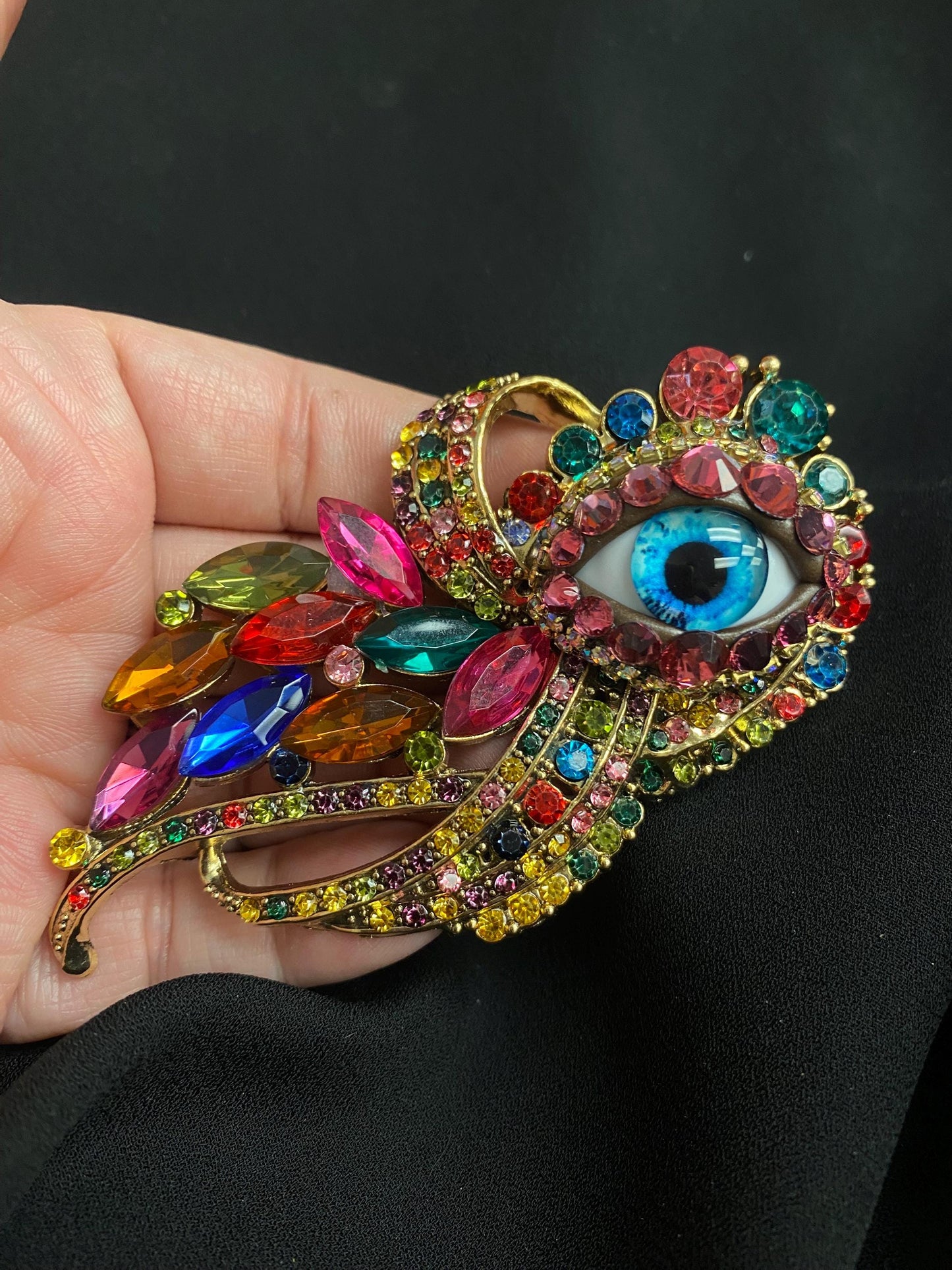 Rainbow Evil Eye Brooch, Gothic Fantasy Statement Pin, Colorful Jewel Art